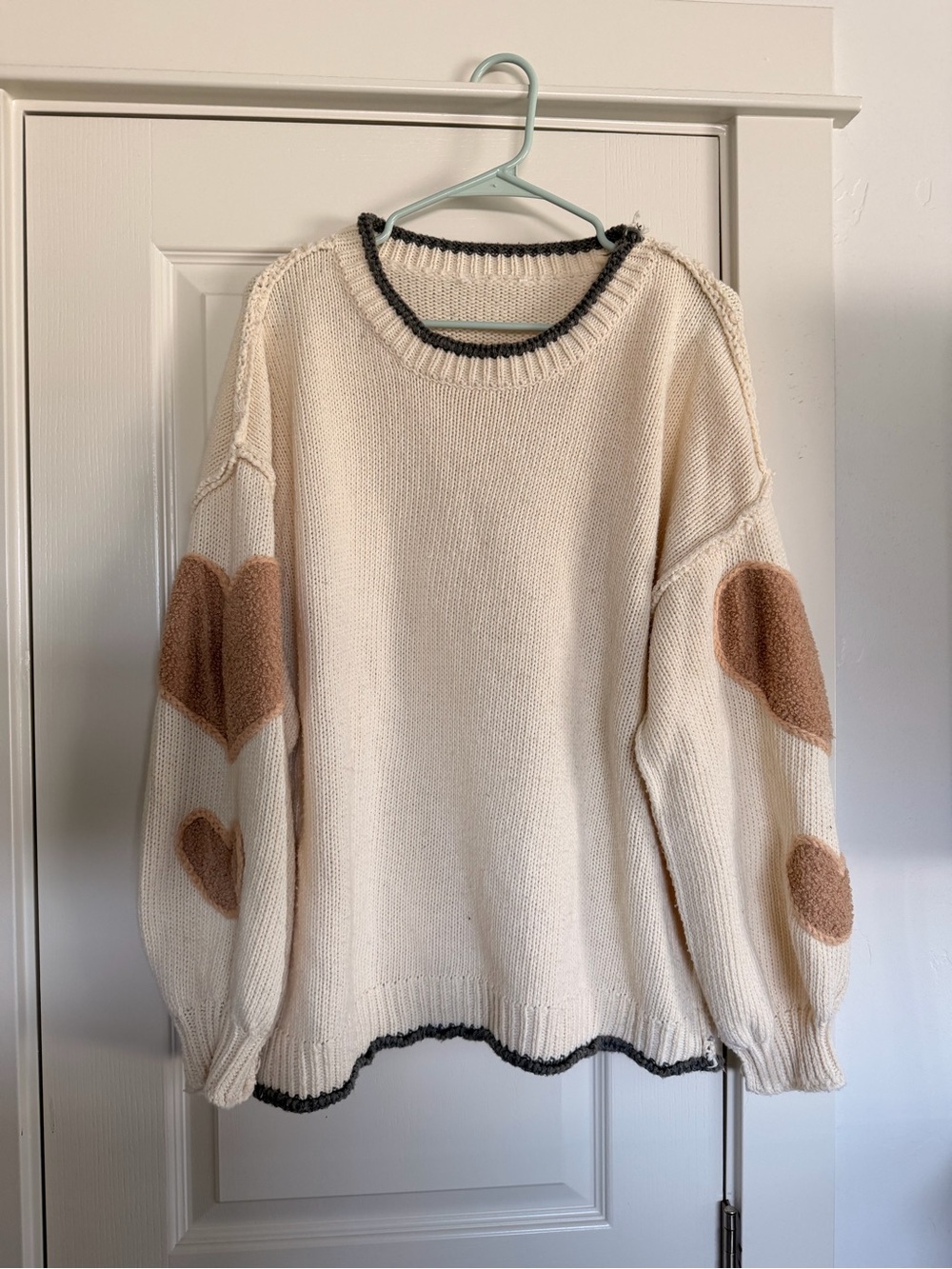 Women’s Cream Heart Elbow-Patch Sweater with Contrast Trim